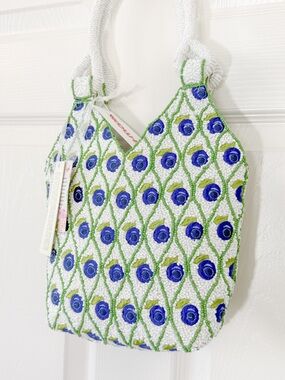 Beaded White Shoulder Bag with Blue & Green Floral Accents